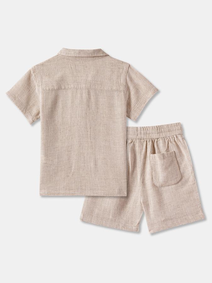 Boys Solid Linen Short Sleeve Shirt with Shorts Fashion Set