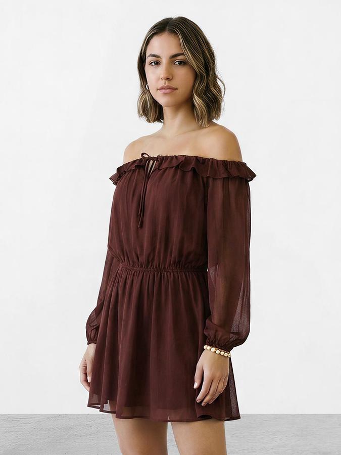 R&B Women Coffee Solid Off-shoulder Dress