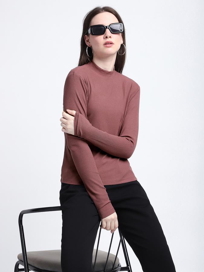 R&B Women Mauve Solid High-Neck Top