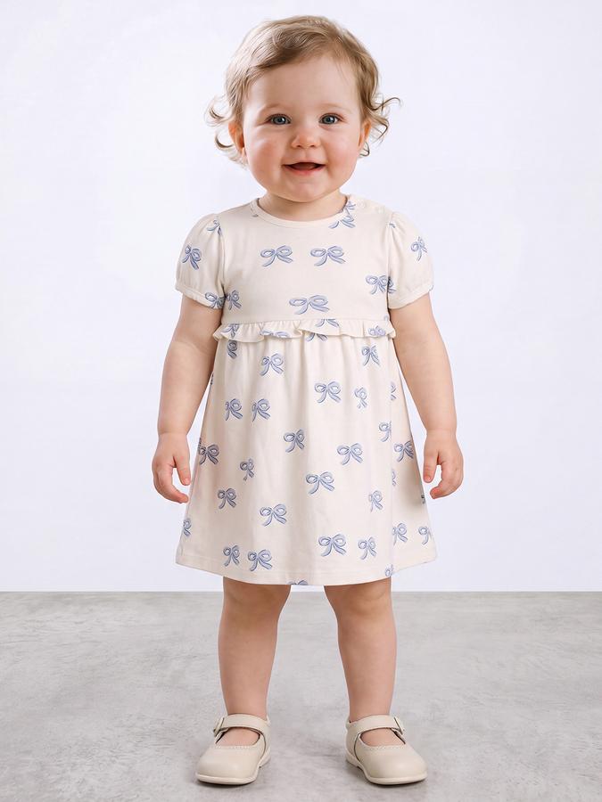 R&B Girl Beige Round Neck Printed Dress