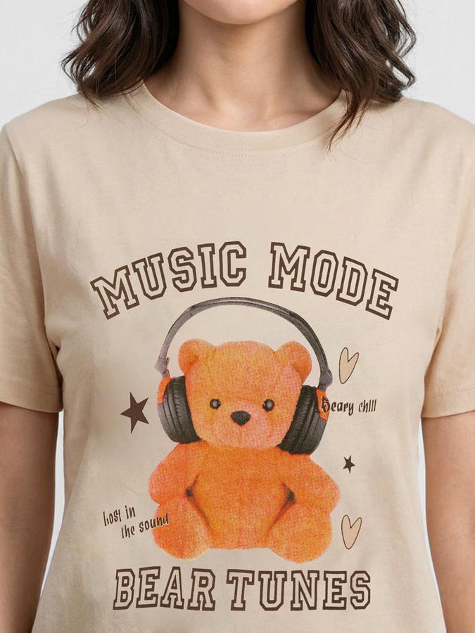 R&B Beige Graphic Print Women Round Neck Regular Fit Short Sleeves T-Shirt 