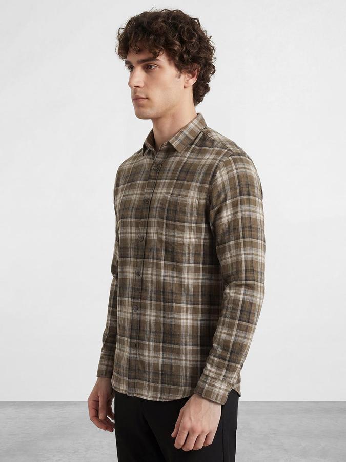 R&B Men Brown Windowpane Checks Spread Collar Long Sleeves Regular Fit Shirt