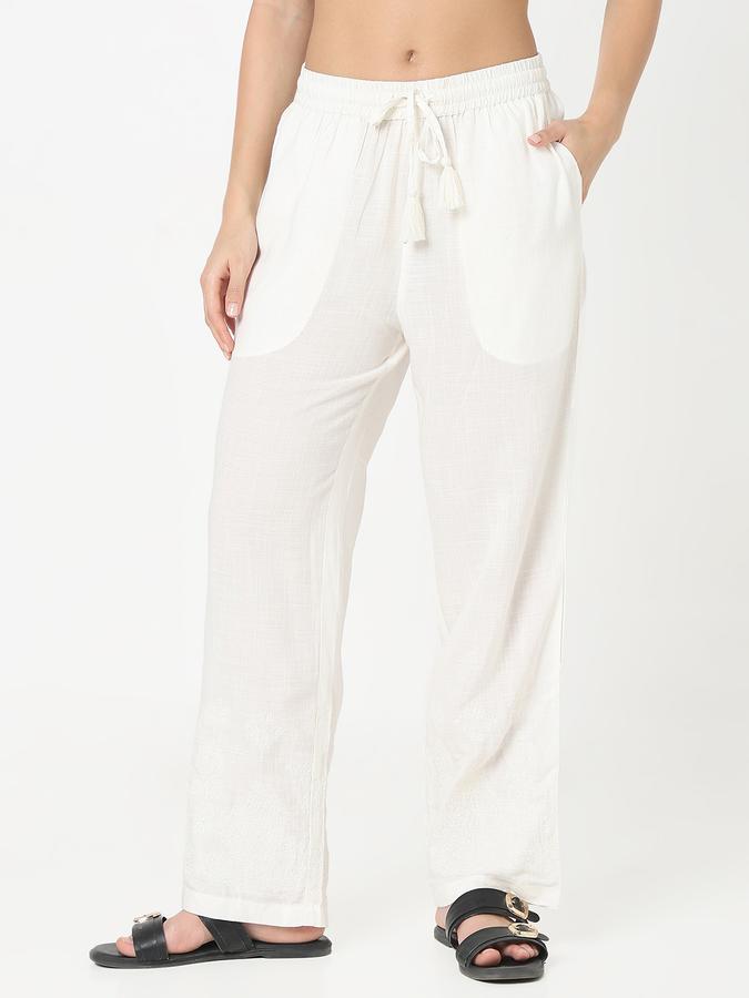 Women Viscose Straight Drawstring Embroidered Trousers