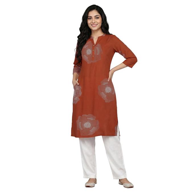 R&B Orange Women Mandarin Collar Three-Quarter Sleeves Kurta 