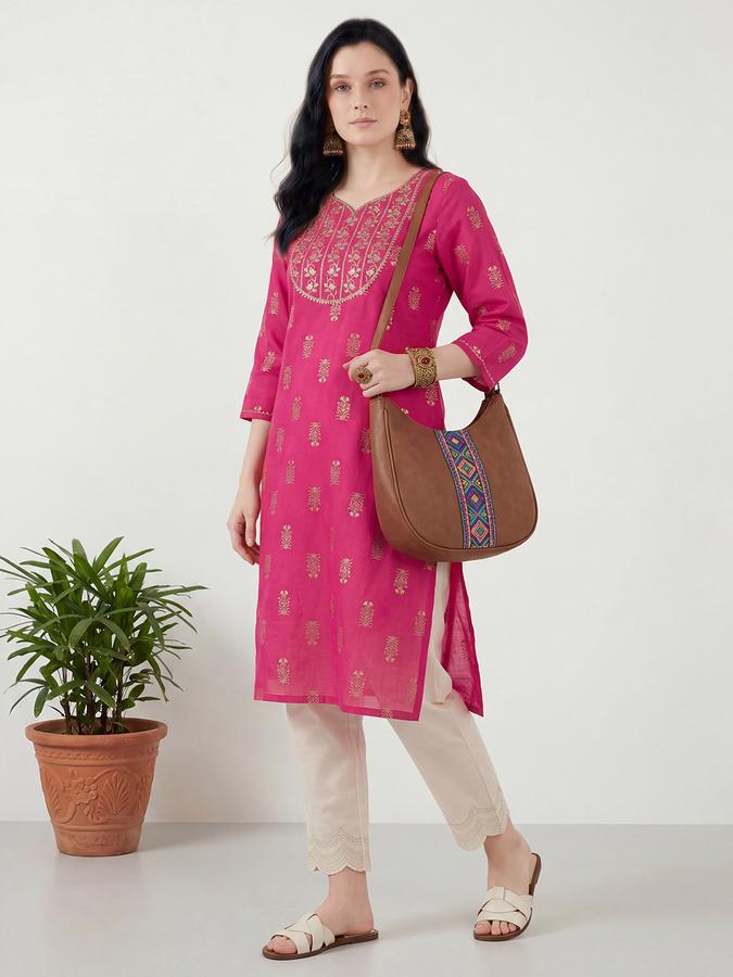 R&B Women's Maroon Embroidered Viscose Round Neck Kurta