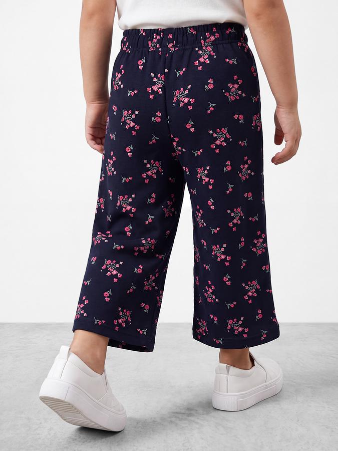 R&B Girls Blue Floral Print Wide Leg Mid Rise Trousers