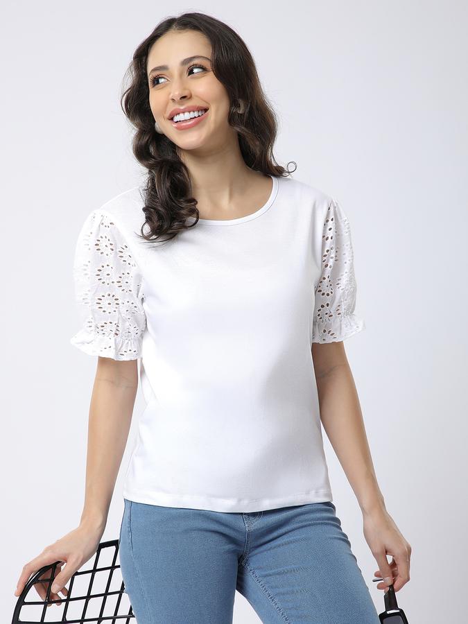 R&B Women White Solid Eyelet-Sleeve Top