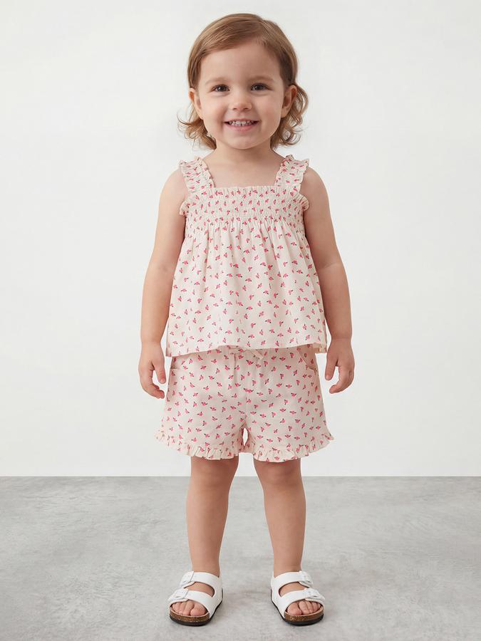 R&B Girls Beige Printed Pure Cotton Sleeveless Co-ord Set