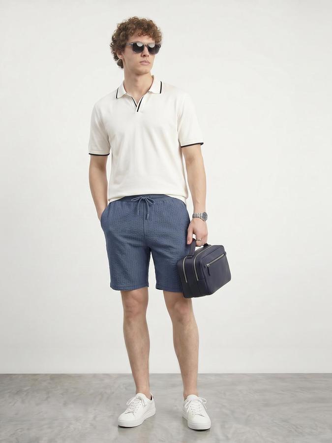 R&B Men Blue Self Design Regular Fit Mid Rise Shorts