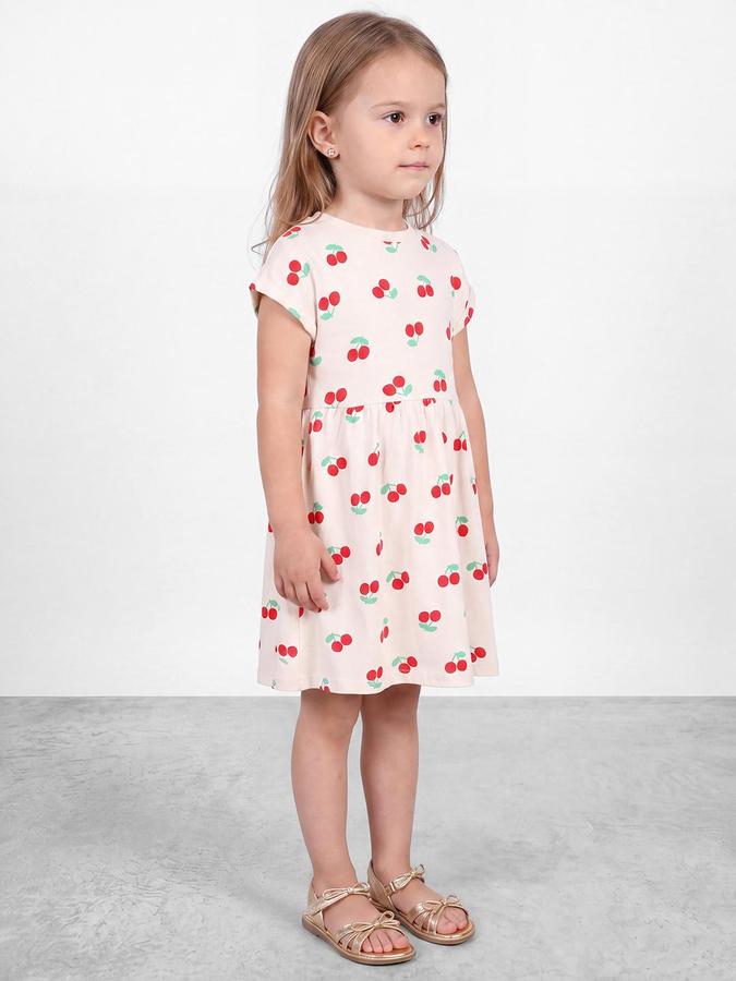 R&B Girls Cream Cherry Printed Round Neck Cap Sleeves Fit and Flare Dress