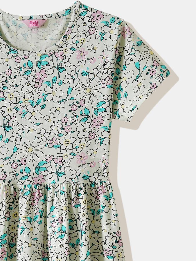 Girls Cotton Regular Fit Round Neck Ruffled Dress