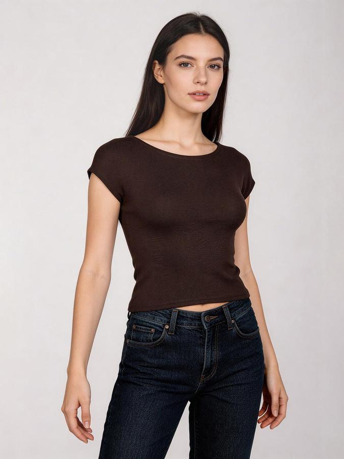 R&B Brown Solid Women Fitted Top 