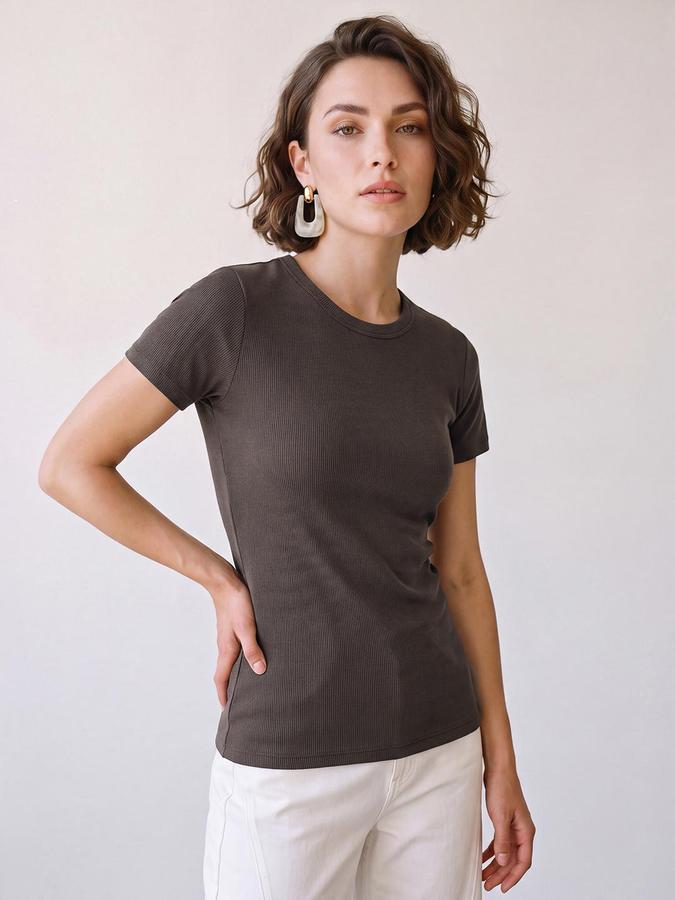 R&B Women Brown Short Sleeve Round Neck Solid T-Shirt
