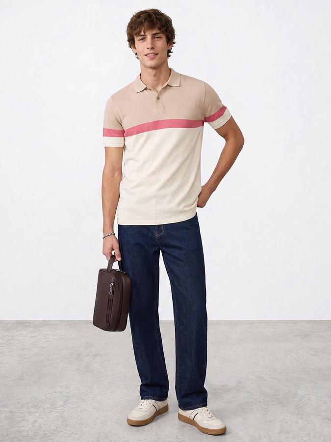 R&B Men Ivory Striped Short Sleeves Polo Collar Pure Cotton T-Shirt