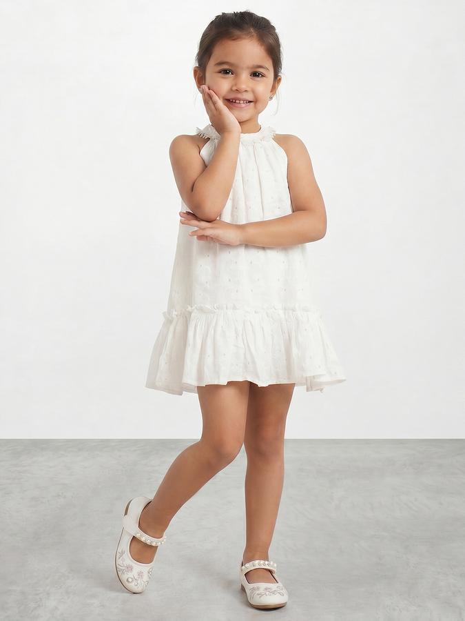 R&B Girl White  Self Design Pure Cotton Sleeveless A-Line Dress