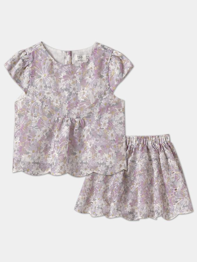 Girls Floral Embroidered Cap Sleeve Top and Skirt Set