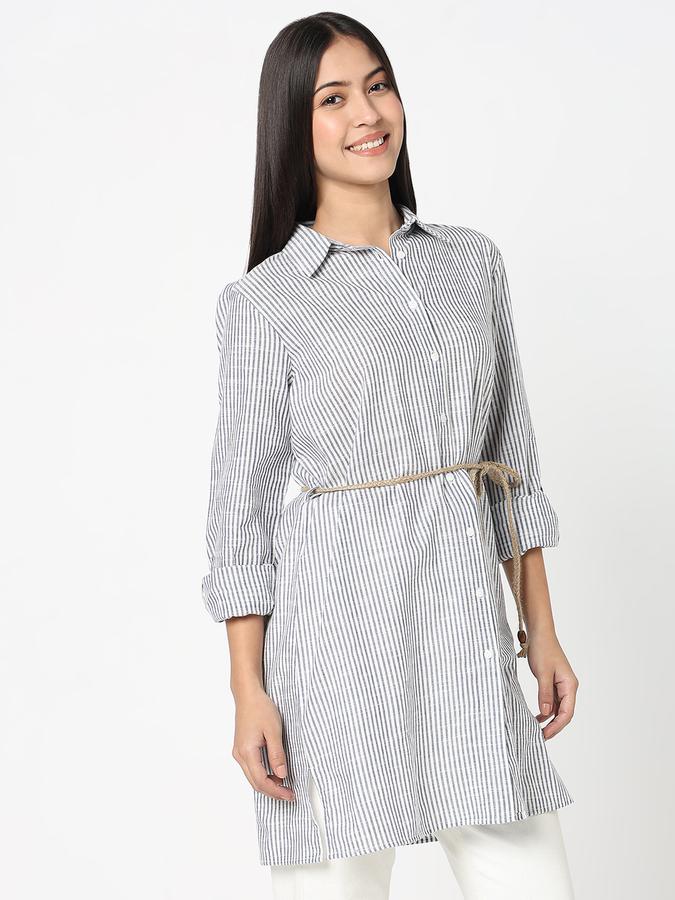 R&B Women Blue Striped Longline Shirt