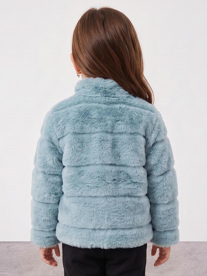R&B Girls Teal Self Design Mock Collar Long Sleeves Fur Jacket