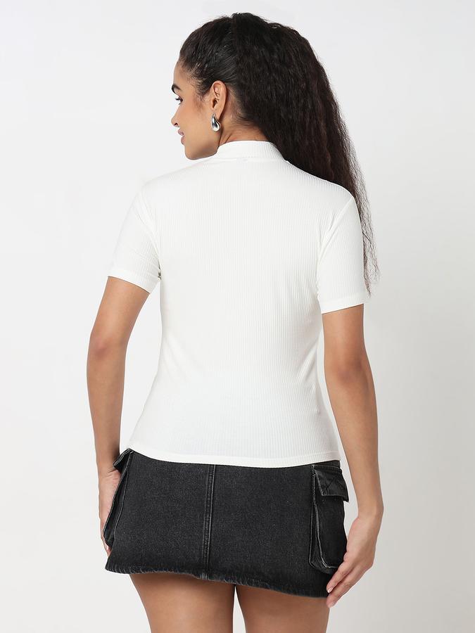 R&B Women Ivory Solid Ribbed Top