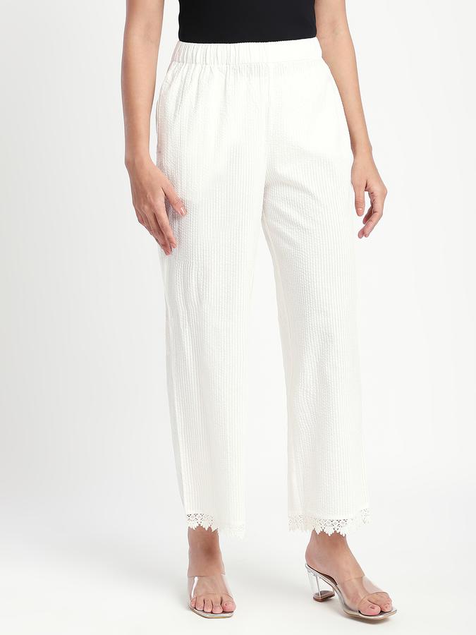 Women Cotton Wide Leg Mid Rise Lace Trim Pants