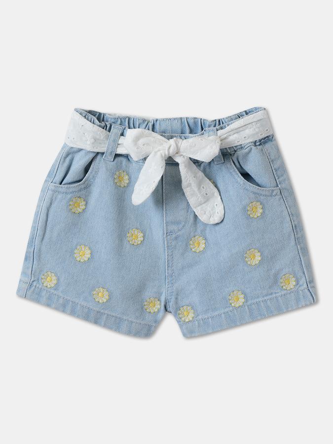 Girls Cotton Embroidered High-Waist Clean Hem Shorts