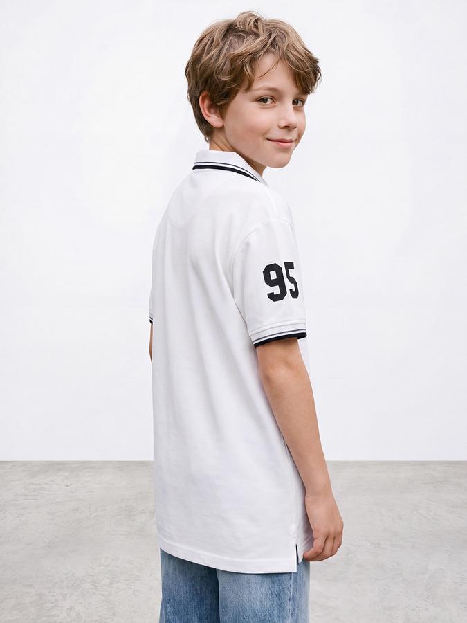 R&B Boys White Collegiate Badge Printed Polo Collar Short Sleeves Pure Cotton T-shirt