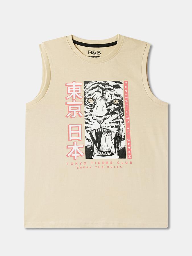 Boys Relaxed Fit Typographic Printed Sleeveless T-Shirt image number 0