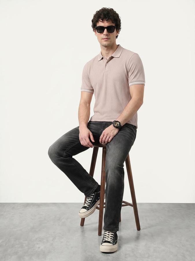 R&B Men's Beige Short sleeve Polo Neck Self Design T-Shirt