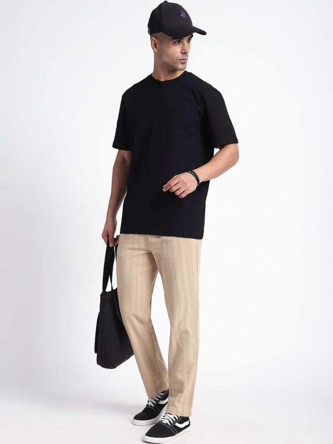 R&B Men Beige Striped Regular Fit Trousers