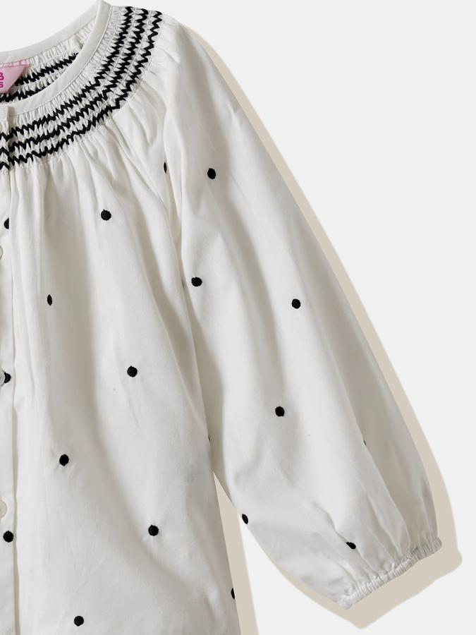 Girls Cotton Relaxed Fit Crew Neck Long Bishop Sleeve Embroidered Top