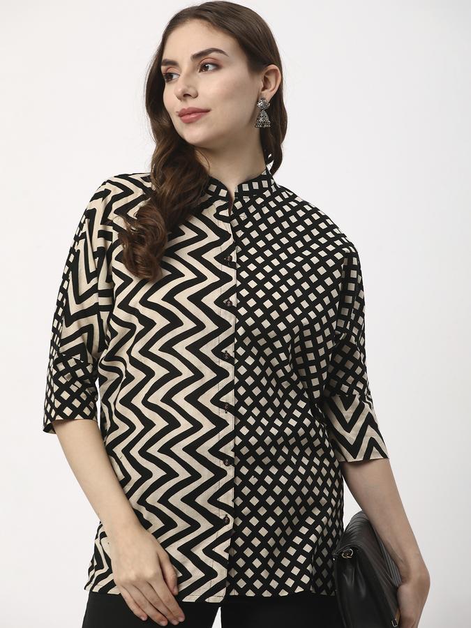 Women Cotton Regular Fit Mandarin Collar Printed Ethnic Top