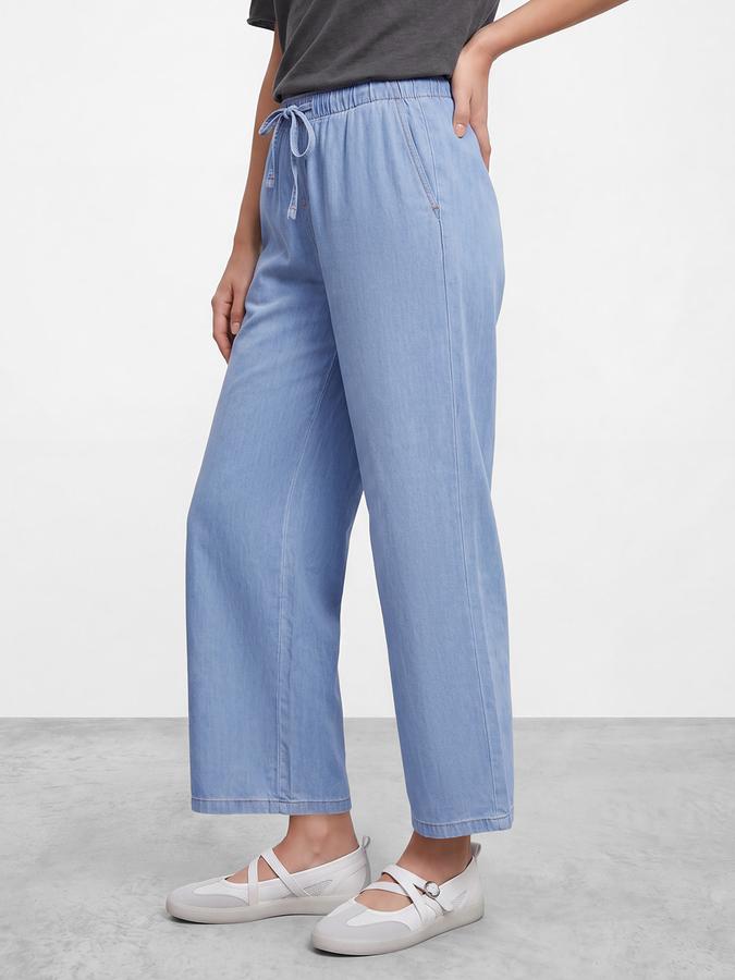 R&B Women Pure Cotton Mid Blue Wide Leg Jeans With Drawstring Closure