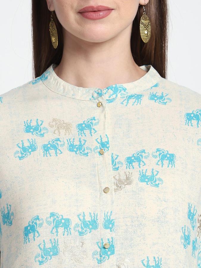 R&B Women Aqua Blue Etnic Motifs Print Mandarin Collar Knee Length Pure Viscose Ethnic Kurta