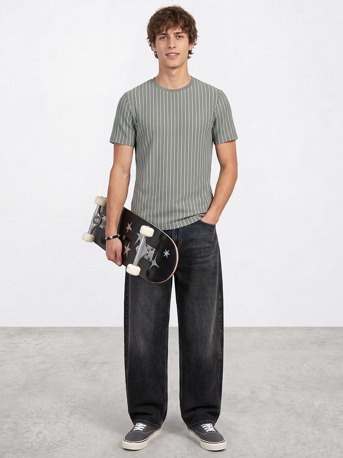 R&B Men Green Striped Short Sleeves Round Neck T-Shirt