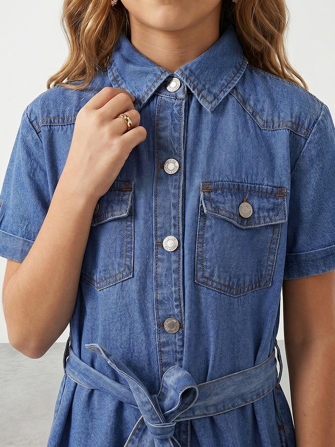 R&B Girl Blue Regular Fit Solid Short Sleeves Denim Shirt Dress