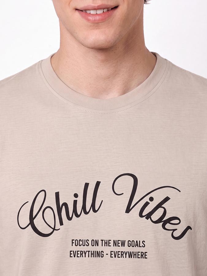 R&B Men Beige Typographic Print Short Sleeves Pure Cotton Tshirt