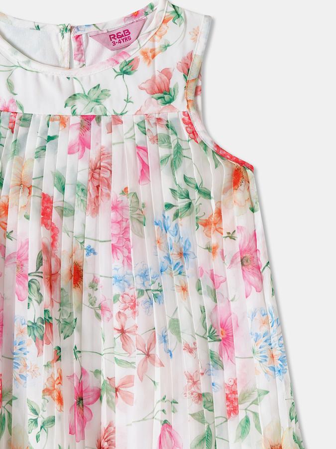 Girls Floral Print Sleeveless Round Neck Knee Length Dress