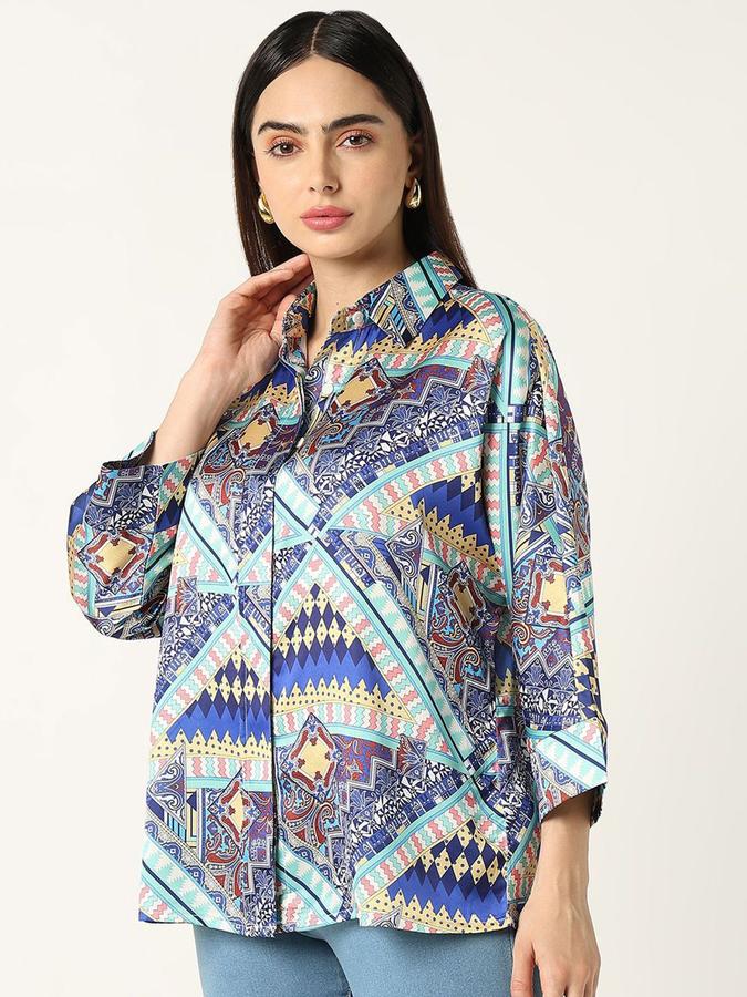R&B Women Blue Geometric Print Long Sleeves Shirt 