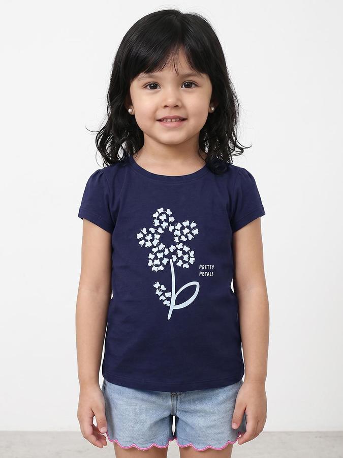 R&B Girls Navy Floral Print Short Sleeves Round Neck Pure Cotton T-Shirt