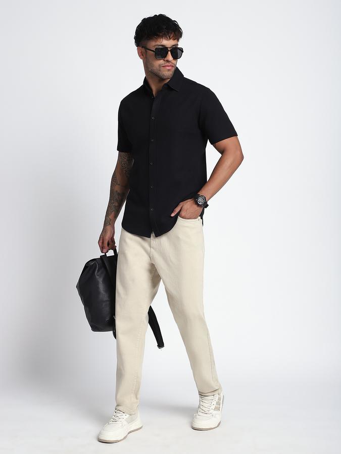 Men Cotton Blend Slim Fit Point Collar Textured Shirt