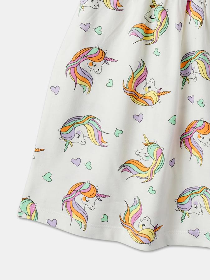 Girls Unicorn Print Short Sleeve Round Neck A-Line Dress