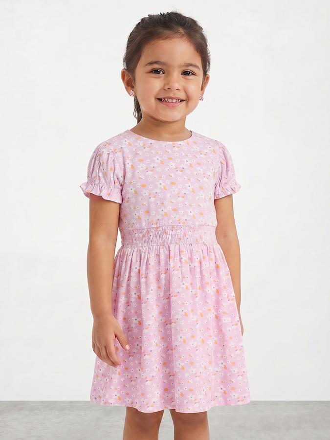R&B Girl Purple Floral Print Puff Sleeves Fit and Flare Dress