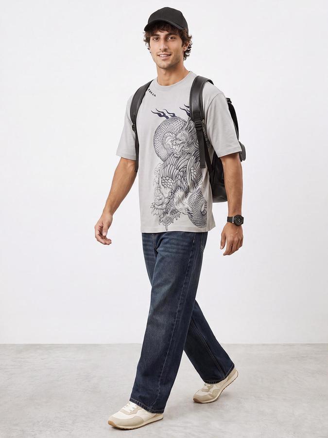 R&B Men Grey Short Sleeve Round Neck Japanese Dragon Graphic Print T-Shirt