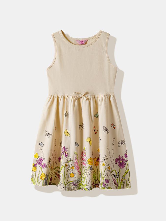 Girls Cotton Regular Fit Round Neck Ruffled Dress