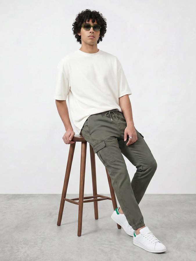R&B Mens Green Slim Fit Mid Rise Denim Cargo Jeans