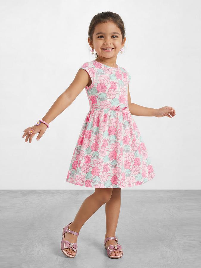 R&B Girl Pink  Pearl Pattern Pure Cotton Short Sleeves Fit and Flare Dress