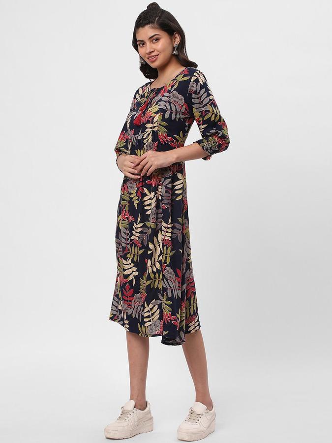R&B Women Blue Floral Three-Quarter Sleeves Round Neck Midi A-Line Ethnic Dress