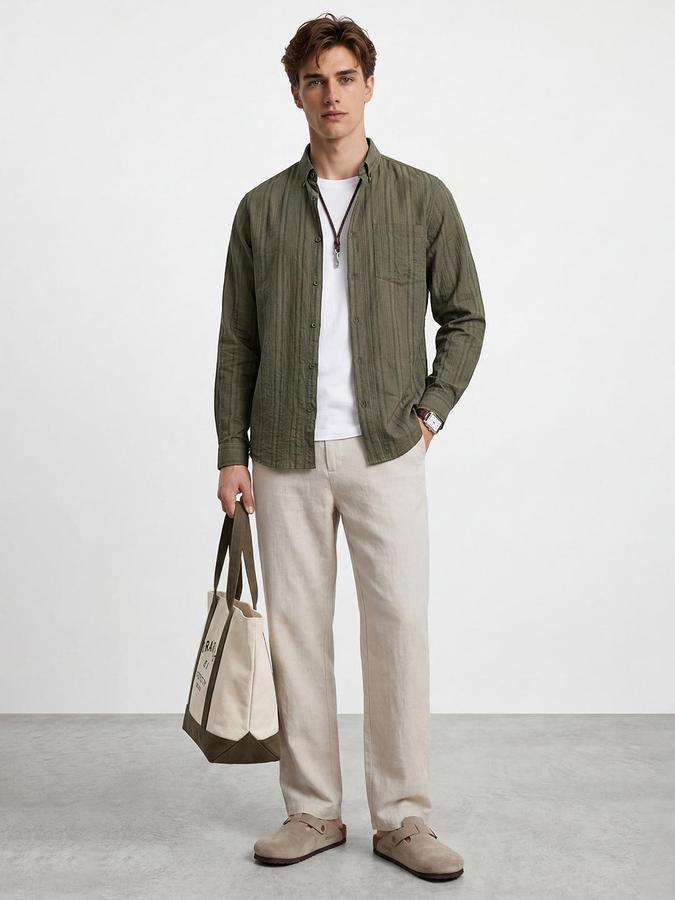 R&B Men Olive Button Down Long Sleeves Striped Shirt