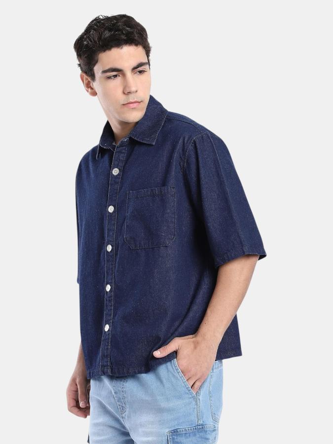 R&B  Navy Blue Solid Men Short Sleeves Relaxed Fit Shirts