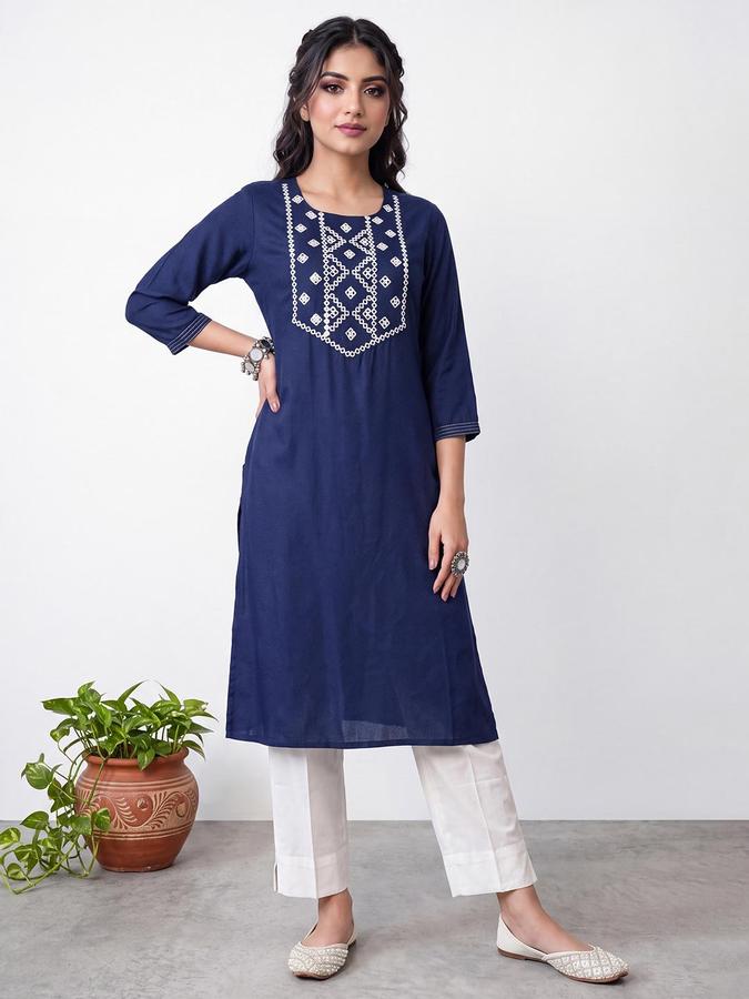 R&B Women Navy Blue Geometric Embriodery Round Neck Three-Quarter Sleeves Straight Kurta